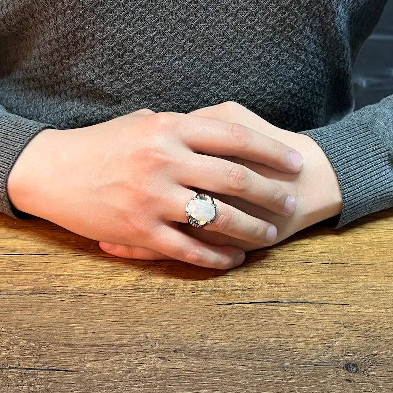 Gental Gems by Karat Kings | Unique Designed Turkish Style Ring with Natural Moonstone |  Sterling Silver Oxidized Ring | MRen's Jewelry | With Certificate of Authenticity and  Hallmark