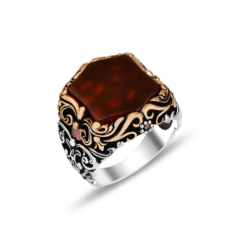 Gental Gems by Karat Kings | Unique Turkish Style Ring with Natural Red Agate |  Sterling Silver Oxidized Ring