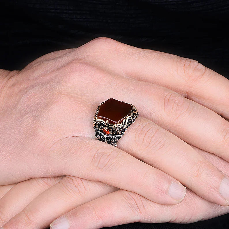 Gental Gems by Karat Kings | Unique Turkish Style Ring with Natural Red Agate |  Sterling Silver Oxidized Ring