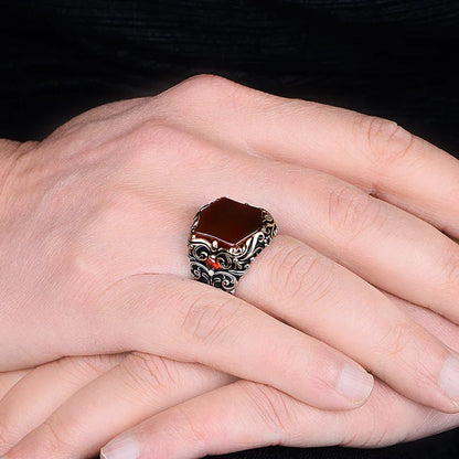 Gental Gems by Karat Kings | Unique Turkish Style Ring with Natural Red Agate |  Sterling Silver Oxidized Ring