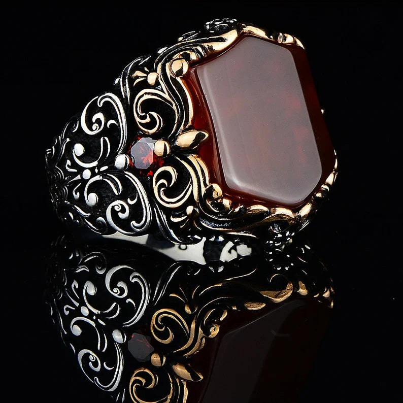 Gental Gems by Karat Kings | Unique Turkish Style Ring with Natural Red Agate |  Sterling Silver Oxidized Ring