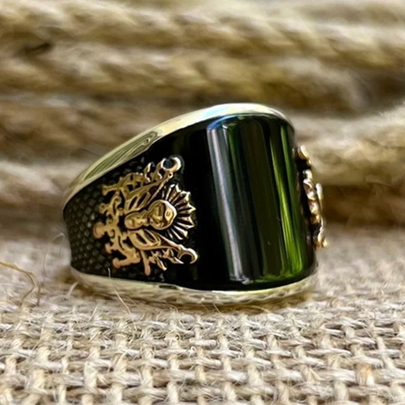 Gental Gems by Karat Kings | Unique Designed Turkish Style Curved Ring with Natural Black Onyx |  Sterling Silver Ring | Men's Jewelry | With Certificate of Authenticity and  Hallmark