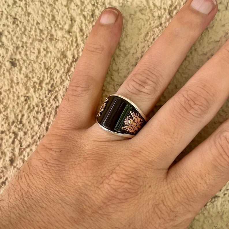 Gental Gems by Karat Kings | Unique Designed Turkish Style Curved Ring with Natural Black Onyx |  Sterling Silver Ring