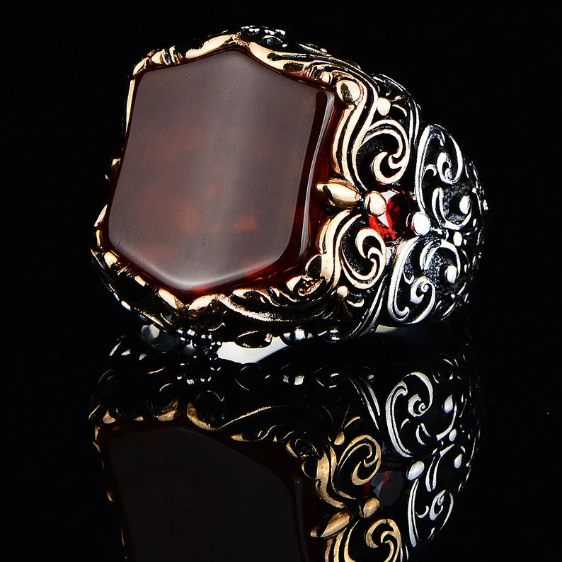 Gental Gems by Karat Kings | Unique Turkish Style Ring with Natural Red Agate |  Sterling Silver Oxidized Ring