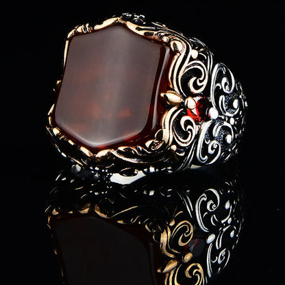Gental Gems by Karat Kings | Unique Turkish Style Ring with Natural Red Agate |  Sterling Silver Oxidized Ring