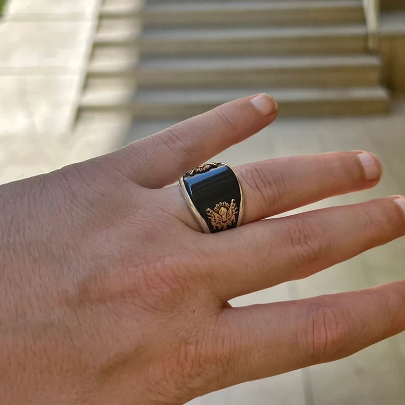 Gental Gems by Karat Kings | Unique Designed Turkish Style Curved Ring with Natural Black Onyx |  Sterling Silver Ring | Men's Jewelry | With Certificate of Authenticity and  Hallmark