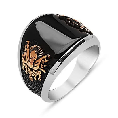 Gental Gems by Karat Kings | Unique Designed Turkish Style Curved Ring with Natural Black Onyx |  Sterling Silver Ring | Men's Jewelry | With Certificate of Authenticity and  Hallmark