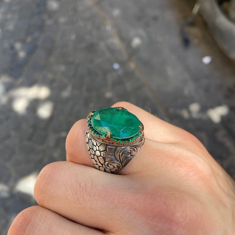 Unique Designed Turkish Style Ring with Natural Zambian Emerald |  Sterling Silver Oxidized Ring | With Certificate of Authenticity and  Hallmark