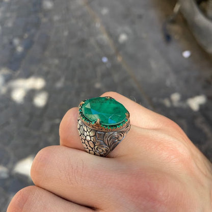 Unique Designed Turkish Style Ring with Natural Zambian Emerald |  Sterling Silver Oxidized Ring | With Certificate of Authenticity and  Hallmark