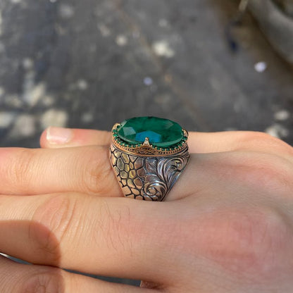 Unique Designed Turkish Style Ring with Natural Zambian Emerald |  Sterling Silver Oxidized Ring | With Certificate of Authenticity and  Hallmark