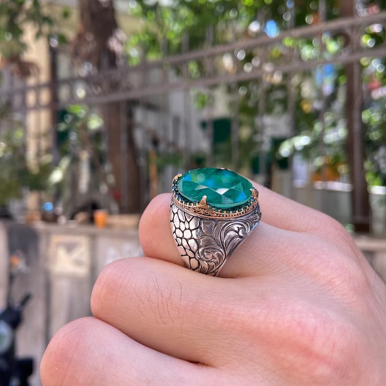 Unique Designed Turkish Style Ring with Natural Zambian Emerald |  Sterling Silver Oxidized Ring | With Certificate of Authenticity and  Hallmark