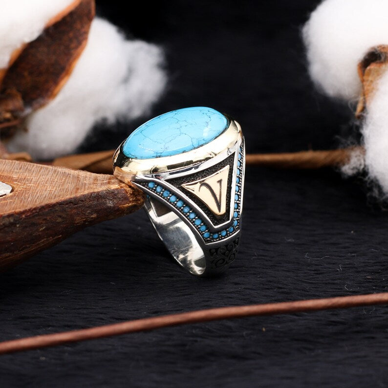 Gental Gems by Karat Kings | Unique Designed Turkish Style Ring with Natural Turquoise (Firoza)|  Sterling Silver Oxidized Ring | Men's Jewelry | With Certificate of Authenticity and  Hallmark