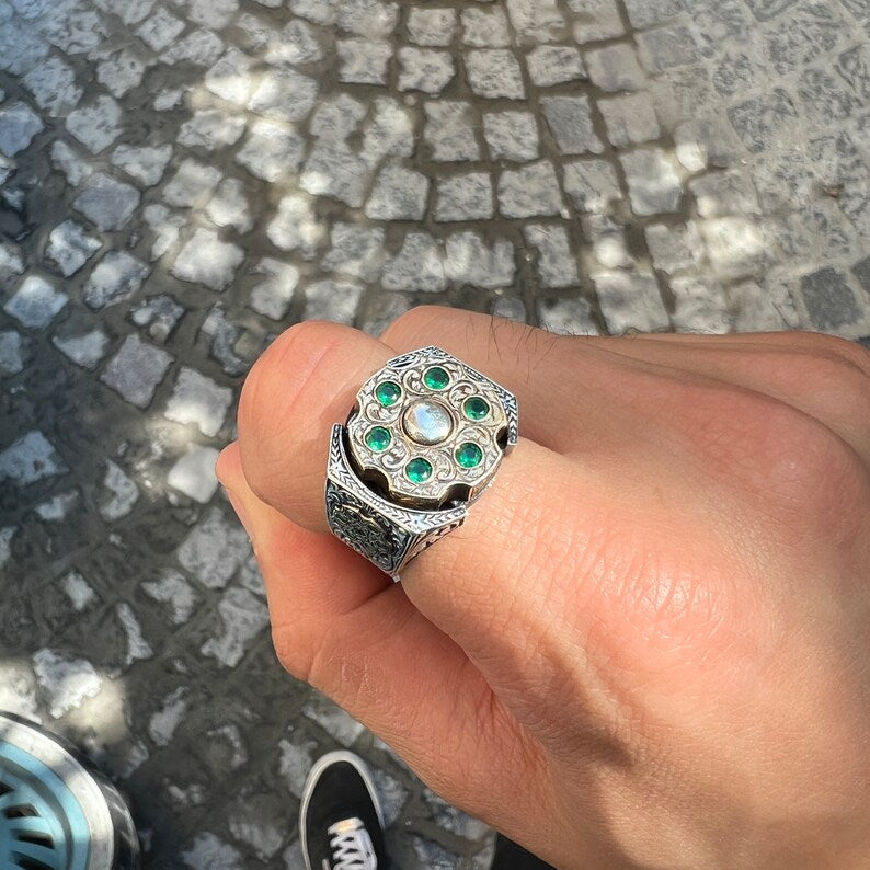 Gental Gems by Karat Kings | Unique Designed Turkish Style Ring with 6 Stone Emerald Ring |  Sterling Silver Oxidized Ring