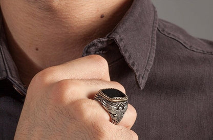 Gental Gems by Karat Kings | Unique  Eagle Designed Turkish Style Ring with Natural Black Onyx | Black Rhodium & Gold Plated  Sterling Silver Ring
