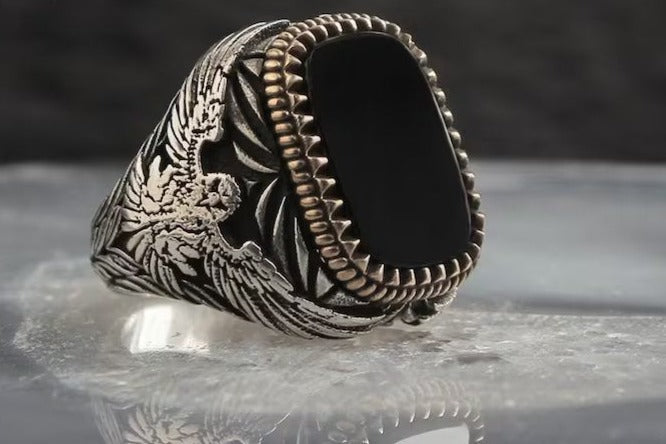 Gental Gems by Karat Kings | Unique  Eagle Designed Turkish Style Ring with Natural Black Onyx | Black Rhodium & Gold Plated  Sterling Silver Ring