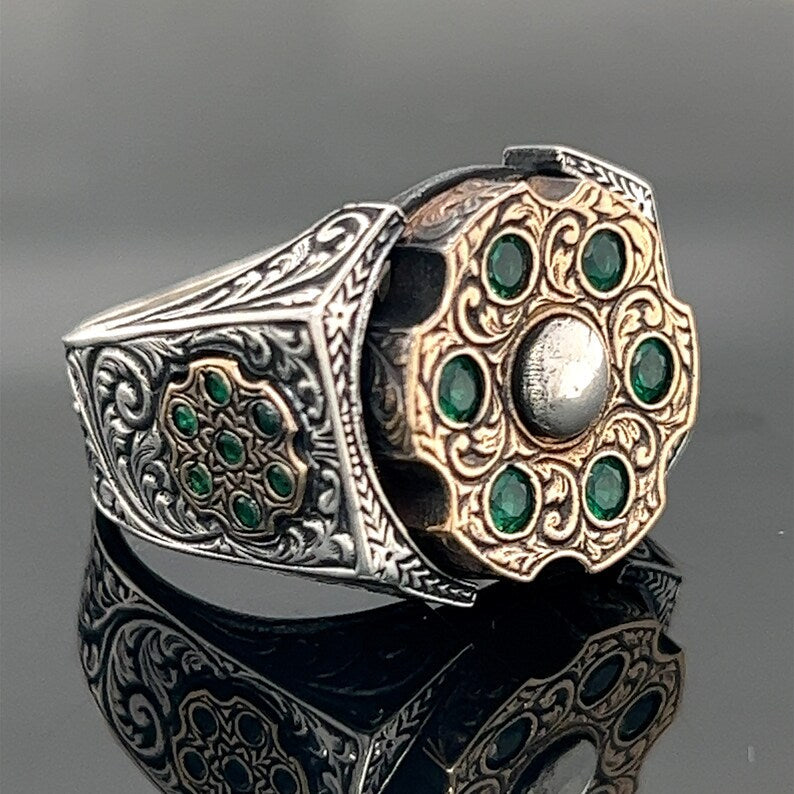 Gental Gems by Karat Kings | Unique Designed Turkish Style Ring with 6 Stone Emerald Ring |  Sterling Silver Oxidized Ring