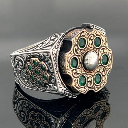 Gental Gems by Karat Kings | Unique Designed Turkish Style Ring with 6 Stone Emerald Ring |  Sterling Silver Oxidized Ring