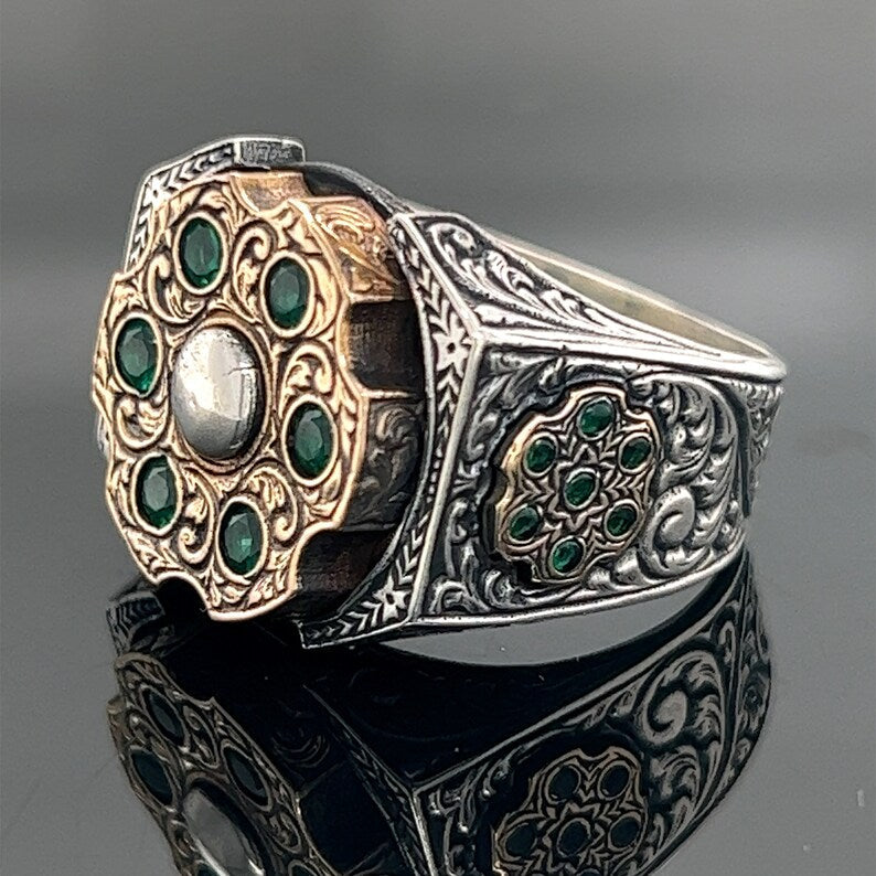 Gental Gems by Karat Kings | Unique Designed Turkish Style Ring with 6 Stone Emerald Ring |  Sterling Silver Oxidized Ring