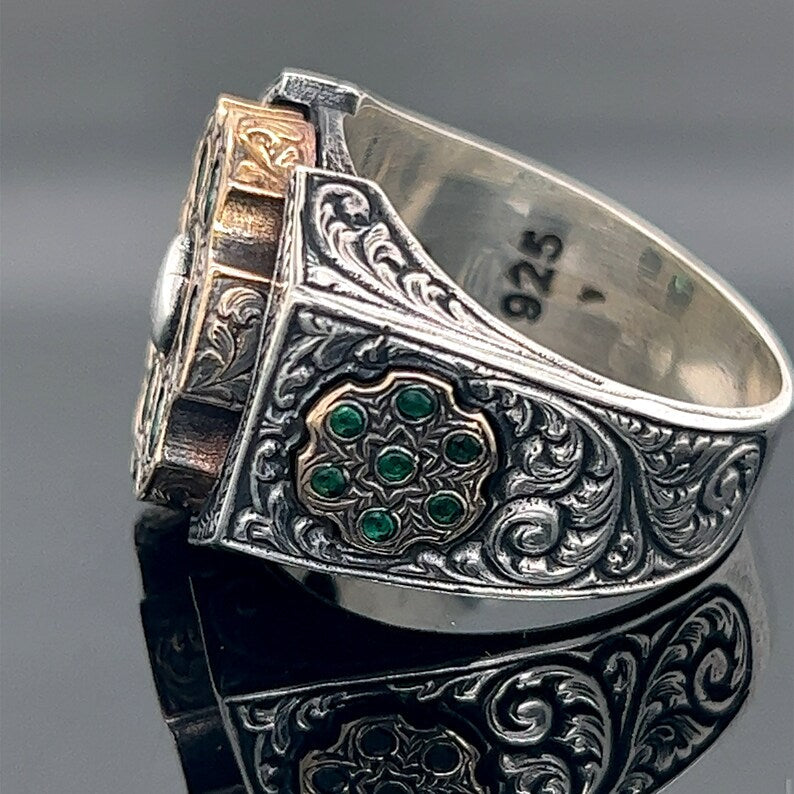 Gental Gems by Karat Kings | Unique Designed Turkish Style Ring with 6 Stone Emerald Ring |  Sterling Silver Oxidized Ring