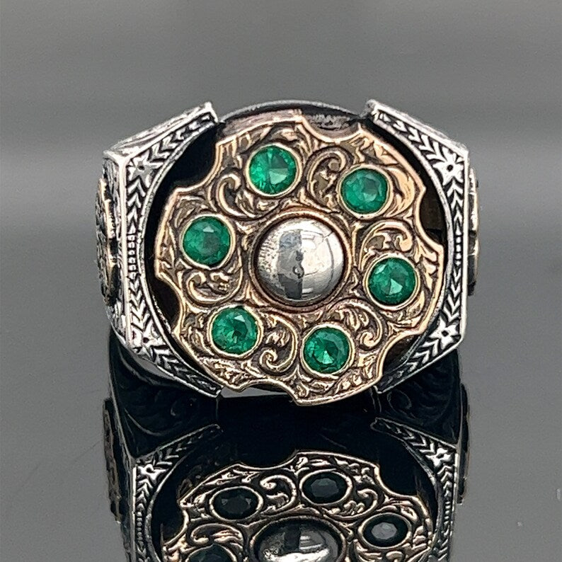 Gental Gems by Karat Kings | Unique Designed Turkish Style Ring with 6 Stone Emerald Ring |  Sterling Silver Oxidized Ring