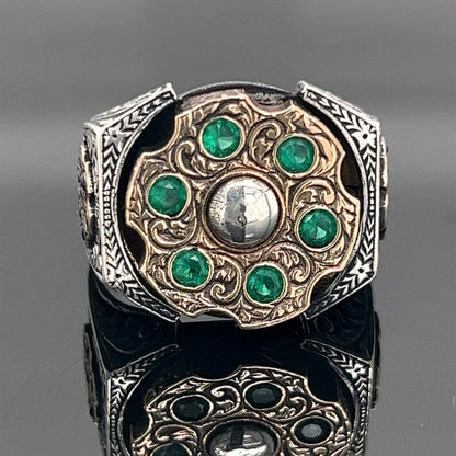 Gental Gems by Karat Kings | Unique Designed Turkish Style Ring with 6 Stone Emerald Ring |  Sterling Silver Oxidized Ring