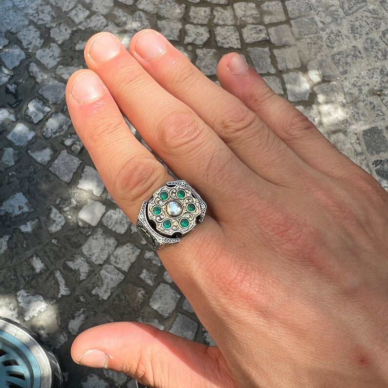 Gental Gems by Karat Kings | Unique Designed Turkish Style Ring with 6 Stone Emerald Ring |  Sterling Silver Oxidized Ring | Men's Jewelry | With Certificate of Authenticity and  Hallmark