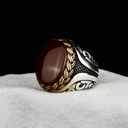 Gental Gems by Karat Kings | Unique Turkish Style Ring with Natural Red Agate  |  Sterling Silver Oxidized Ring | Men's Jewelry | With Certificate of Authenticity and  Hallmark