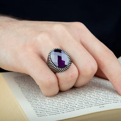 Gental Gems by Karat Kings | Unique Designed Turkish Style Ring with Purple Amethyst ,  Sterling Silver Oxidized Ring | Men's Jewelry | With Certificate of Authenticity and  Hallmark