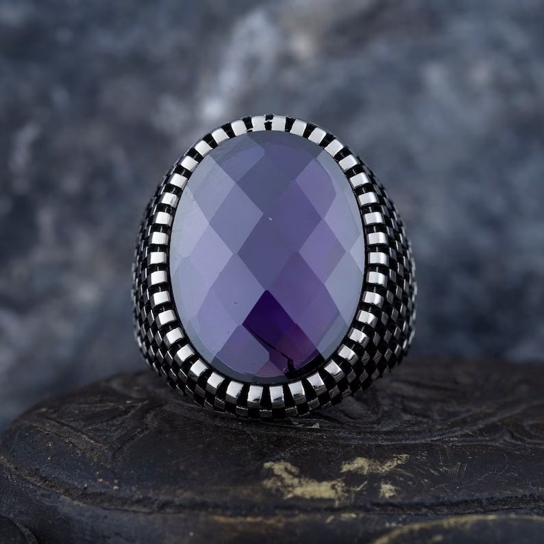 Gental Gems by Karat Kings | Unique Designed Turkish Style Ring with Purple Amethyst ,  Sterling Silver Oxidized Ring | Men's Jewelry | With Certificate of Authenticity and  Hallmark