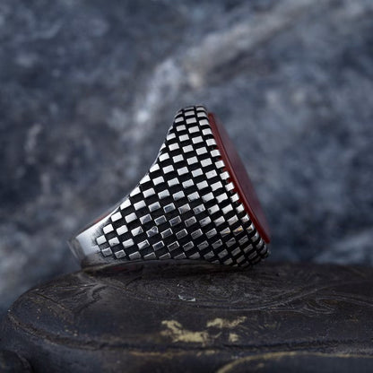 Gental Gems by Karat Kings | Unique Turkish Style Ring with Natural Red Agate  |  Sterling Silver Oxidized Ring | Men's Jewelry | With Certificate of Authenticity and  Hallmark