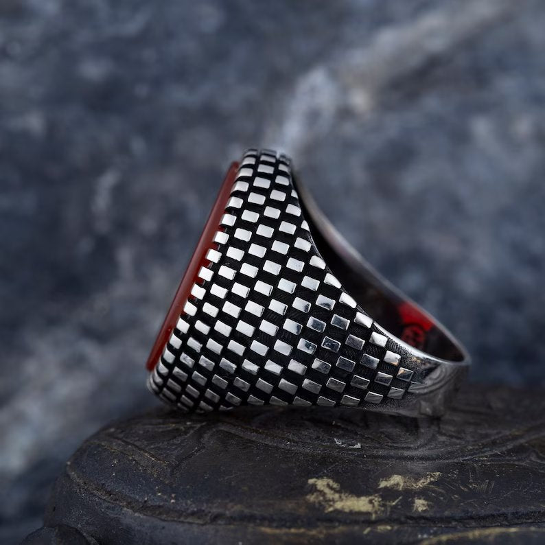 Gental Gems by Karat Kings | Unique Turkish Style Ring with Natural Red Agate  |  Sterling Silver Oxidized Ring | Men's Jewelry | With Certificate of Authenticity and  Hallmark