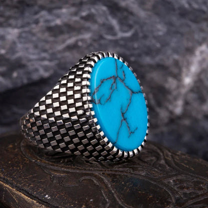 Gental Gems by Karat Kings | Unique Designed Turkish Style Ring with Natural Irani Turquoise (Firoza) |  Sterling Silver Oxidized Ring