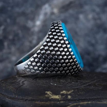 Gental Gems by Karat Kings | Unique Designed Turkish Style Ring with Natural Irani Turquoise (Firoza) |  Sterling Silver Oxidized Ring | Men's Jewelry | With Certificate of Authenticity and  Hallmark