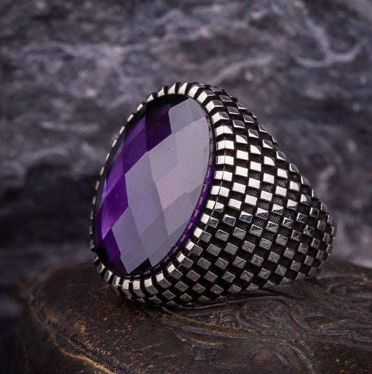 Gental Gems by Karat Kings | Unique Designed Turkish Style Ring with Purple Amethyst ,  Sterling Silver Oxidized Ring | Men's Jewelry | With Certificate of Authenticity and  Hallmark
