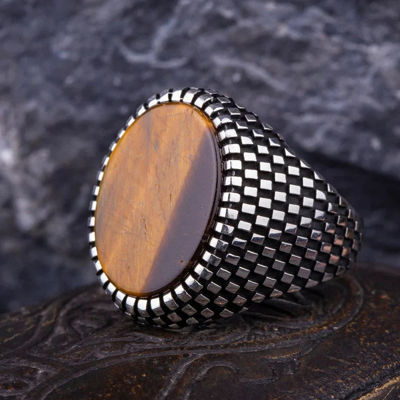 Gental Gems by Karat Kings | Unique Designed Turkish Style Ring with Natural Tiger Eye  |  Sterling Silver Oxidized Ring