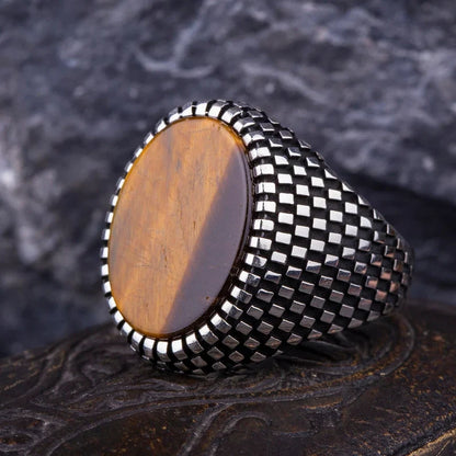 Gental Gems by Karat Kings | Unique Designed Turkish Style Ring with Natural Tiger Eye  |  Sterling Silver Oxidized Ring