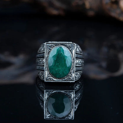 Gental Gems by Karat Kings | Unique Designed Turkish Style Ring with Emerald |  Sterling Silver Oxidized Ring | Men's Jewelry | With Certificate of Authenticity and  Hallmark