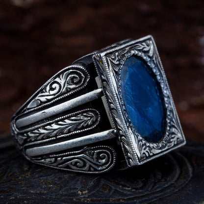 Gental Gems by Karat Kings | Unique Turkish Style Ring with S Blue Sapphire, Oxidized Sterling Silver  Ring | Jewellery for Men| With Certificate of Authenticity and  Hallmark