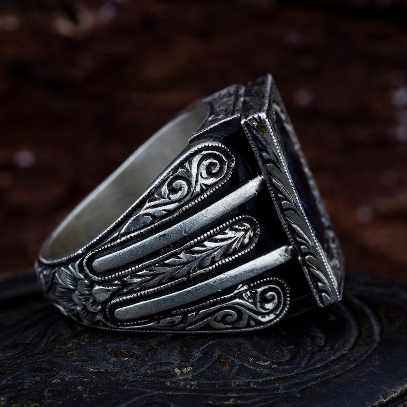 Gental Gems by Karat Kings | Unique Turkish Style Ring with S Blue Sapphire, Oxidized Sterling Silver  Ring | Jewellery for Men| With Certificate of Authenticity and  Hallmark