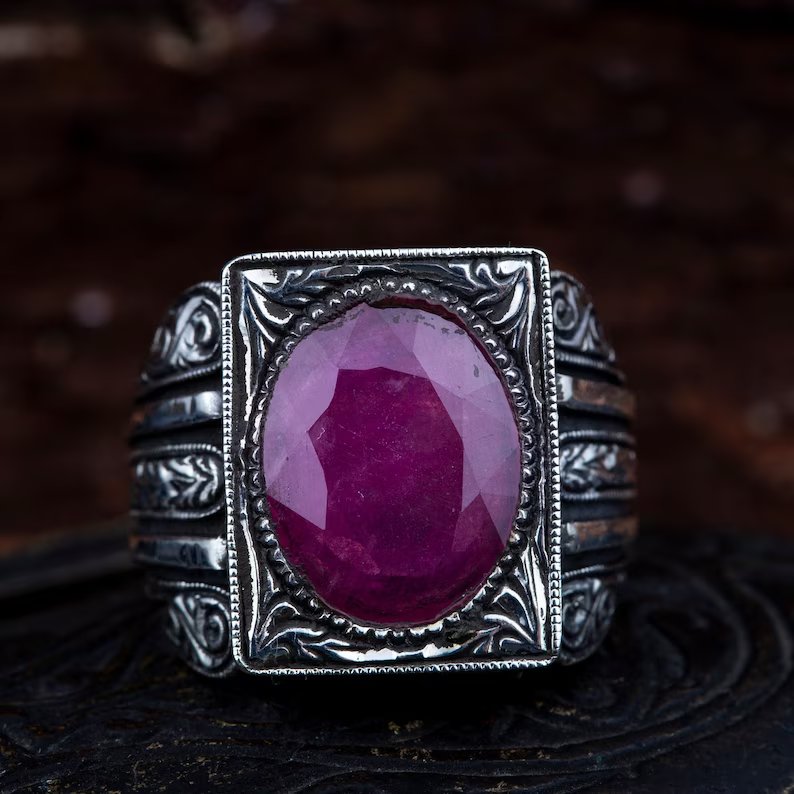 Gental Gems by Karat Kings | Unique Designed Turkish Style Heavy Ring with Natural Red Ruby |  Gold Micron Plated  Sterling Silver Oxidized Ring | Men's Jewelry | With Certificate of Authenticity and  Hallmark