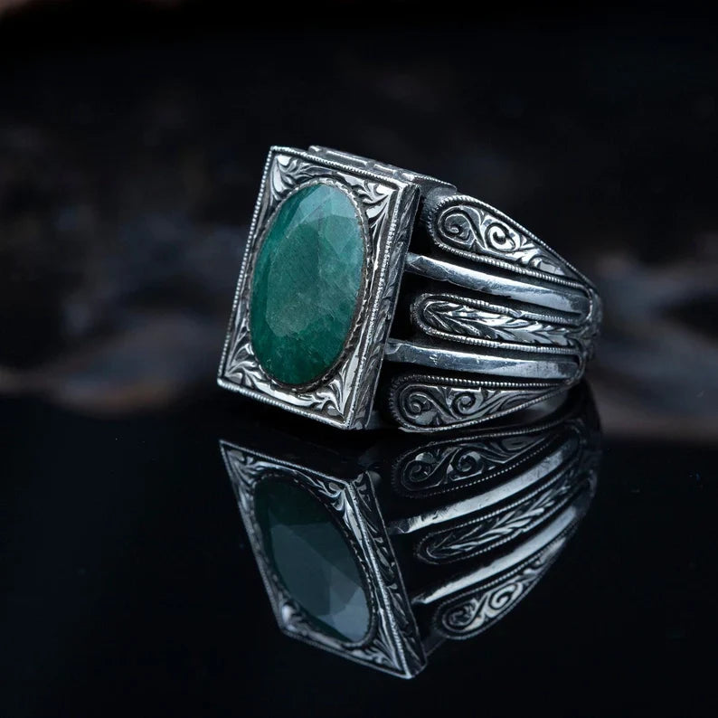 Gental Gems by Karat Kings | Unique Designed Turkish Style Ring with Emerald |  Sterling Silver Oxidized Ring