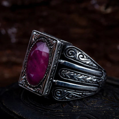 Gental Gems by Karat Kings | Unique Designed Turkish Style Heavy Ring with Natural Red Ruby |  Gold Micron Plated  Sterling Silver Oxidized Ring | Men's Jewelry | With Certificate of Authenticity and  Hallmark