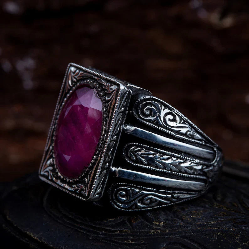 Gental Gems by Karat Kings | Unique Designed Turkish Style Heavy Ring with Natural Red Ruby | 22kt Gold Micron Plated  Sterling Silver Oxidized Ring | Men's Jewelry | With Certificate of Authenticity and  Hallmark