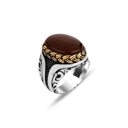 Gental Gems by Karat Kings | Unique Turkish Style Ring with Natural Red Agate  |  Sterling Silver Oxidized Ring | Men's Jewelry | With Certificate of Authenticity and  Hallmark