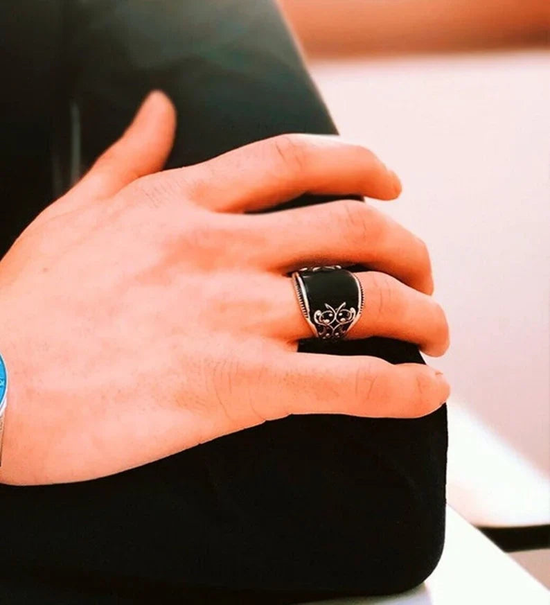 Gental Gems by Karat Kings | Unique Designed Turkish Style Curved Ring with Natural Black Onyx |  Sterling Silver Ring
