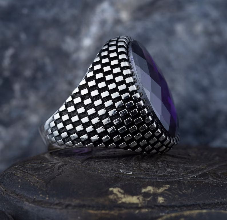 Gental Gems by Karat Kings | Unique Designed Turkish Style Ring with Purple Amethyst ,  Sterling Silver Oxidized Ring | Men's Jewelry | With Certificate of Authenticity and  Hallmark