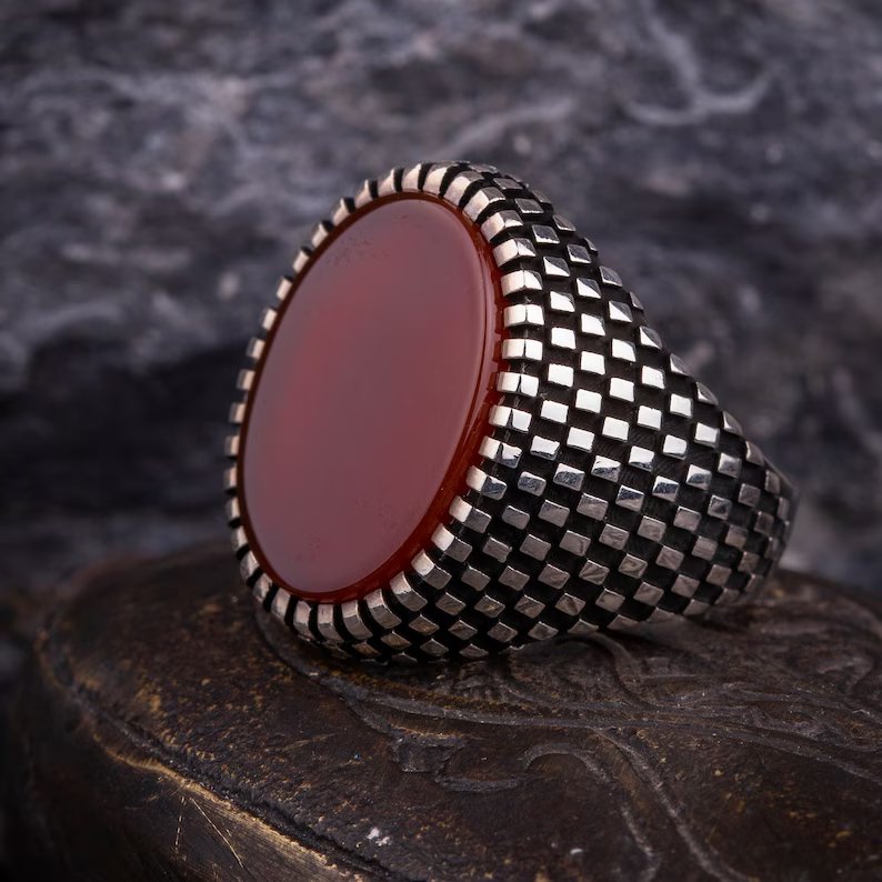 Gental Gems by Karat Kings | Unique Turkish Style Ring with Natural Red Agate  |  Sterling Silver Oxidized Ring | Men's Jewelry | With Certificate of Authenticity and  Hallmark