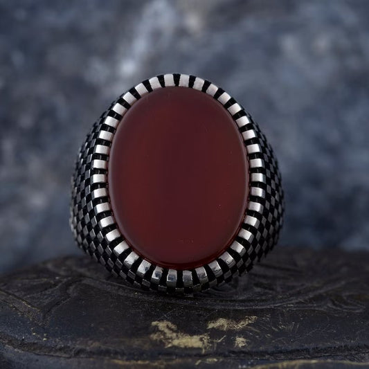 Gental Gems by Karat Kings | Unique Turkish Style Ring with Natural Red Agate  |  Sterling Silver Oxidized Ring | Men's Jewelry | With Certificate of Authenticity and  Hallmark