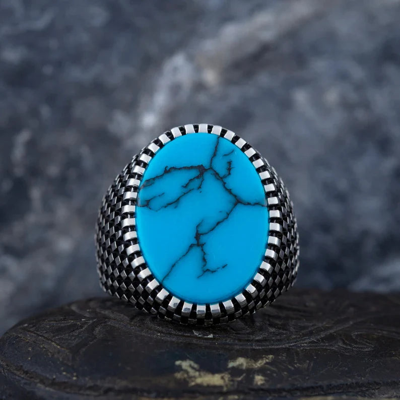 Gental Gems by Karat Kings | Unique Designed Turkish Style Ring with Natural Irani Turquoise (Firoza) |  Sterling Silver Oxidized Ring