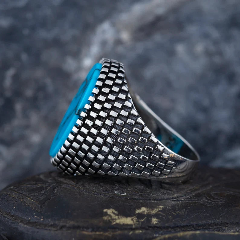 Gental Gems by Karat Kings | Unique Designed Turkish Style Ring with Natural Irani Turquoise (Firoza) |  Sterling Silver Oxidized Ring | Men's Jewelry | With Certificate of Authenticity and  Hallmark
